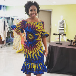 Elastic 'Blue Palm' Flare Dress